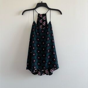 Express Top Floral Blue Green Reversible Shell Blouse V Neck Womens S Office